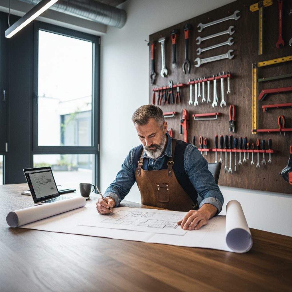 Handwerker studiert Pläne. Ob er wohl einen guten Mitarbeiter finden kann?